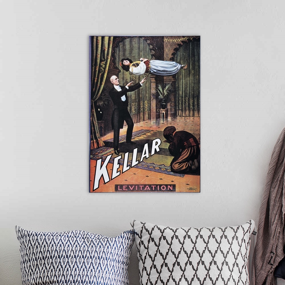 A bohemian room featuring American poster of magician Harry Kellar's 'Levitation of the Princess Karnac'.