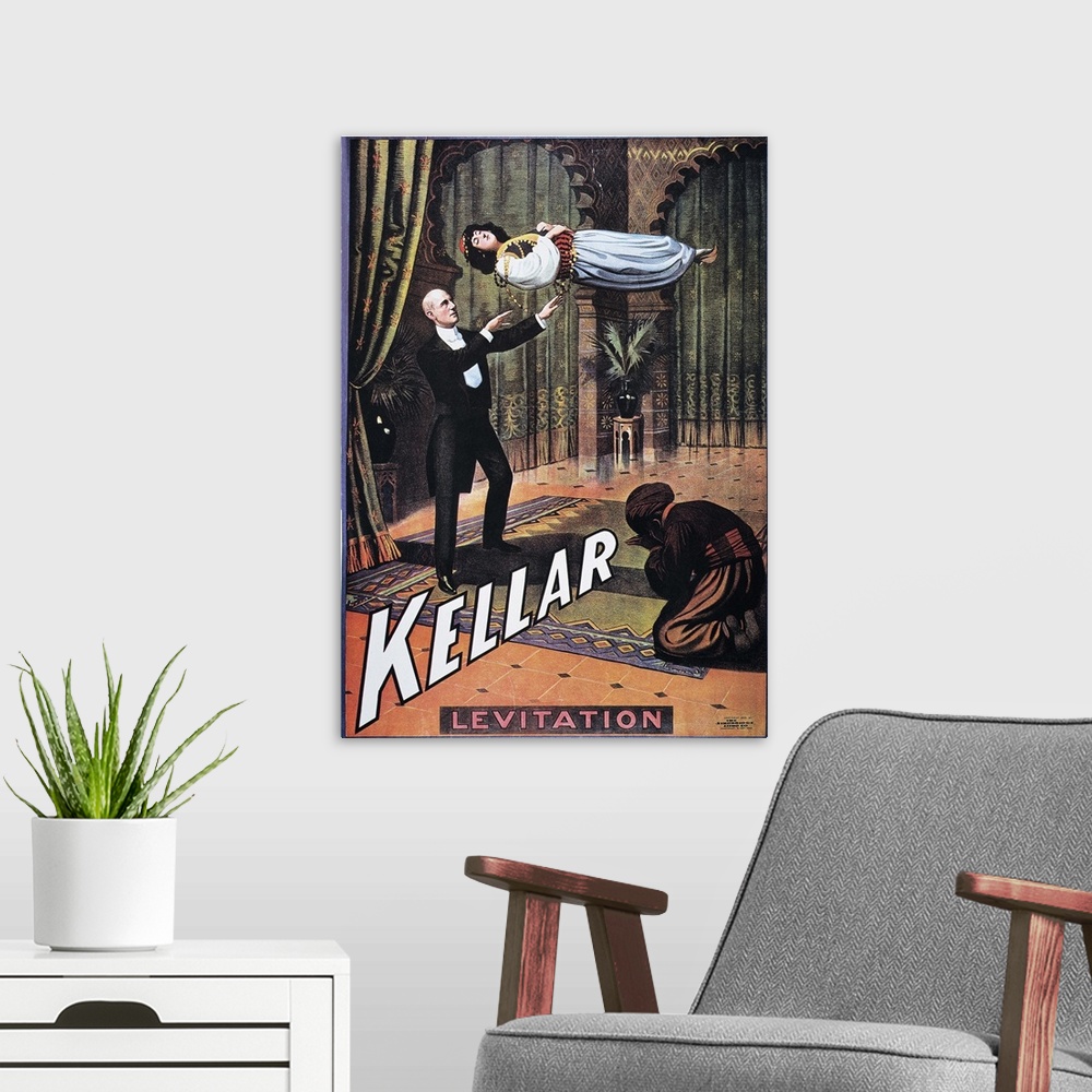A modern room featuring American poster of magician Harry Kellar's 'Levitation of the Princess Karnac'.