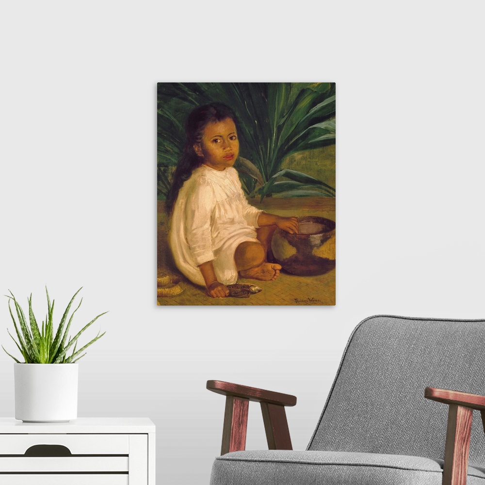 A modern room featuring Hawaiian Child, 1901. Hawaiian Child And Poi Bowl. Oil On Fabric, 1901, By Theodore Wores.