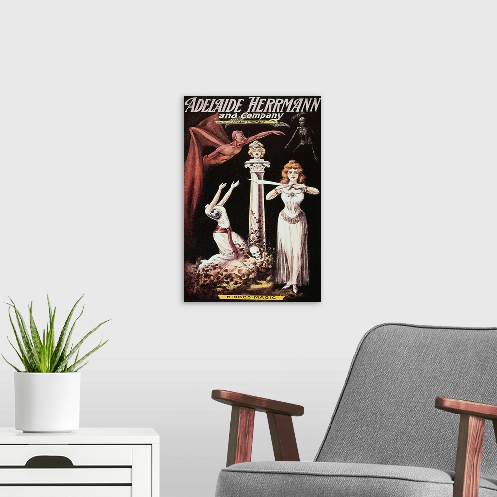 A modern room featuring American poster of Adelaide Herrmann.