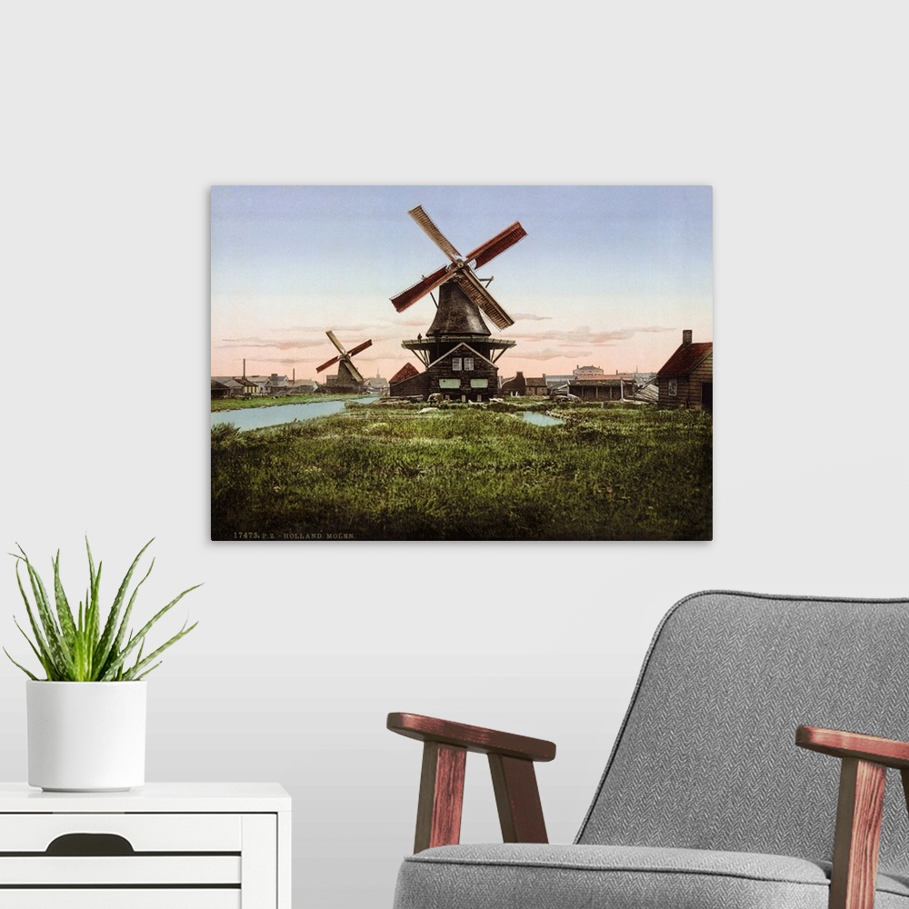 A modern room featuring Holland, Windmill. Scenic View Two Windmills In Holland. Photochrome Print, C1890-1900.