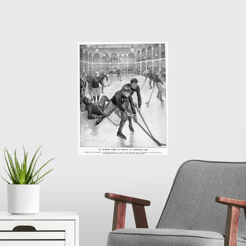 A modern room featuring 'An in-door game of hockey on artificial ice.' Yale vs St. Nicholas at the St. Nicholas Skating C...