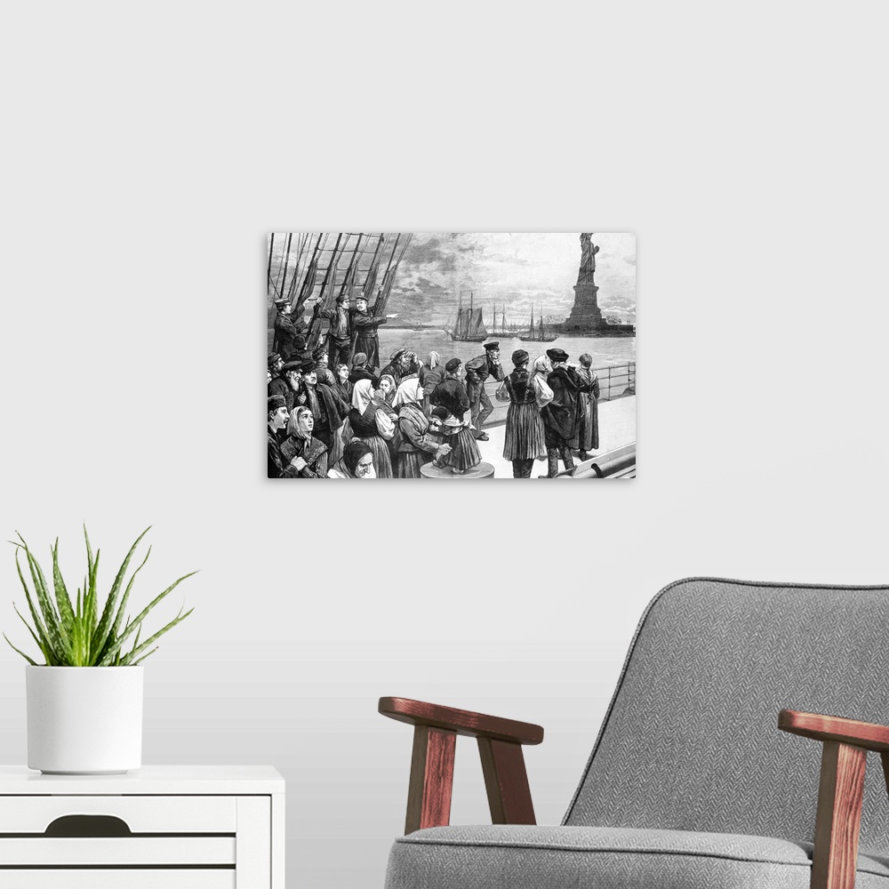 A modern room featuring Immigrants on the steerage deck of an ocean steamer passing the Statue of Liberty in New York Har...