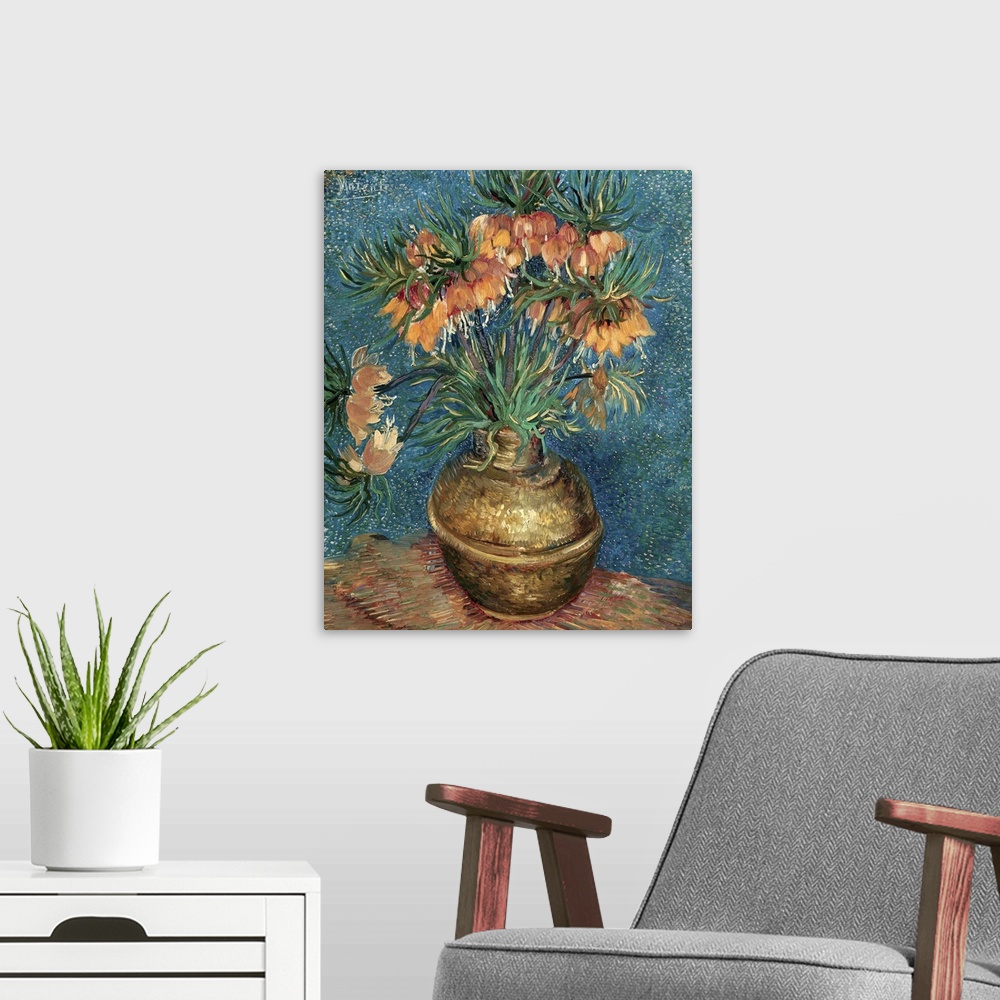 A modern room featuring Van Gogh, Fritillaries, 1887. 'Imperial Fritillaries In A Copper Vase.' Oil On Canvas, Vincent Va...
