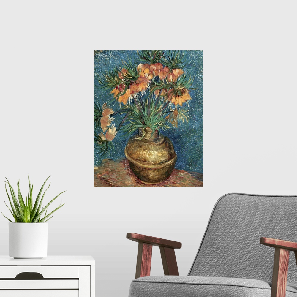 A modern room featuring Van Gogh, Fritillaries, 1887. 'Imperial Fritillaries In A Copper Vase.' Oil On Canvas, Vincent Va...
