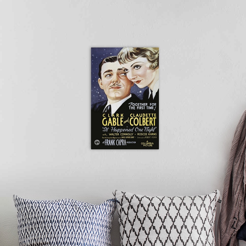 A bohemian room featuring Poster for the 1934 Columbia motion picture, It Happened One Night, starring Clark Gable and Clau...