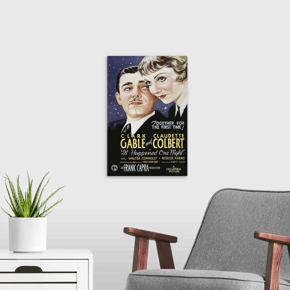 A modern room featuring Poster for the 1934 Columbia motion picture, It Happened One Night, starring Clark Gable and Clau...