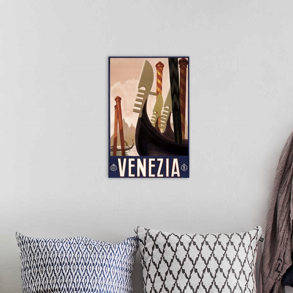 A bohemian room featuring Poster promoting travel to Venice, Italy, from the 1920s.