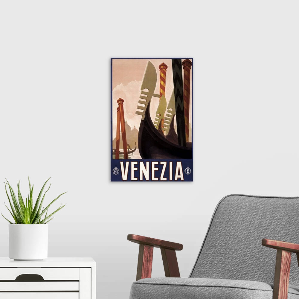 A modern room featuring Poster promoting travel to Venice, Italy, from the 1920s.