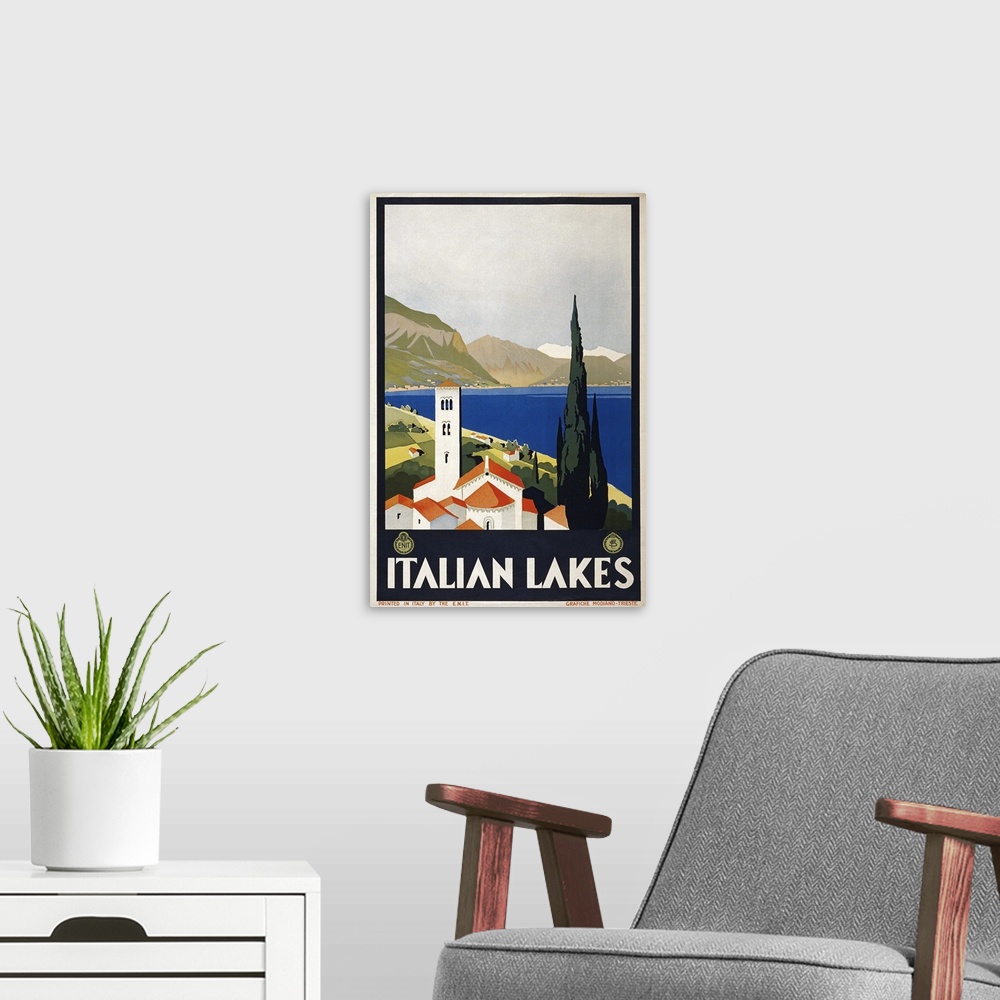 A modern room featuring Poster promoting travel to Italy, c1930.