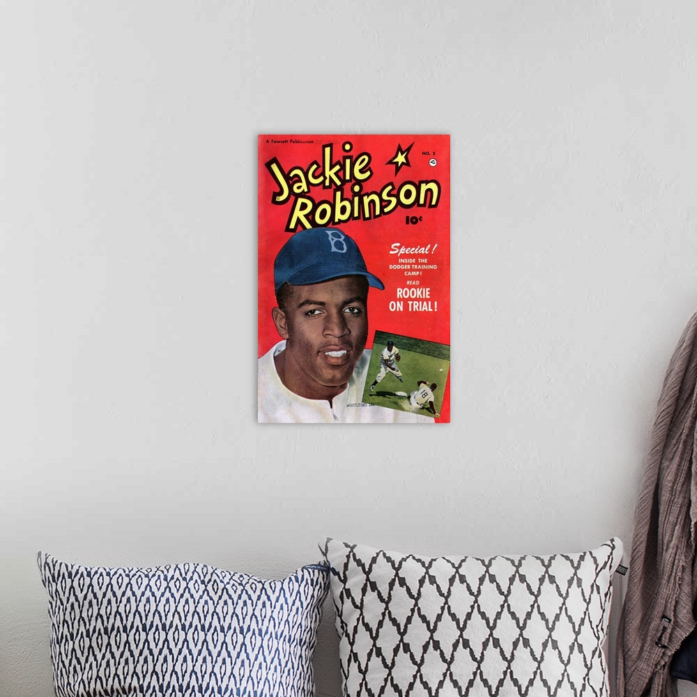 A bohemian room featuring JACKIE ROBINSON (1919-1972). American baseball player. Front cover of a Jackie Robinson comic boo...