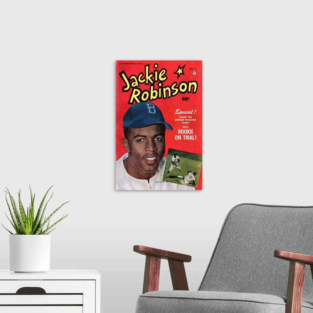 A modern room featuring JACKIE ROBINSON (1919-1972). American baseball player. Front cover of a Jackie Robinson comic boo...