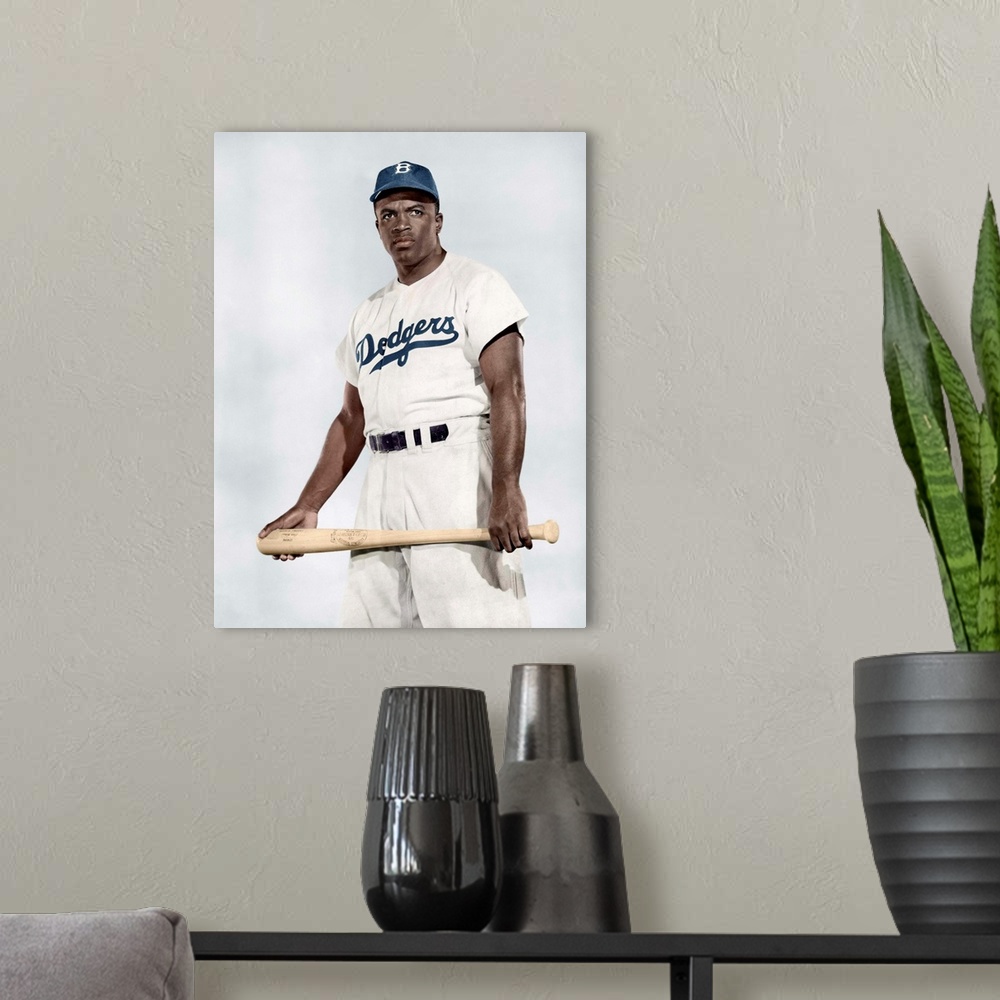 A modern room featuring JACKIE ROBINSON (1919-1972). American baseball player. Photograph, 1950, digitally colored by Gra...