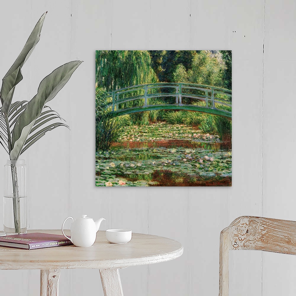 A farmhouse room featuring Monet, Water Lily Pool, 1899. 'Japanese Footbridge And the Water Lily Pool, Giverny.' Oil On Canv...