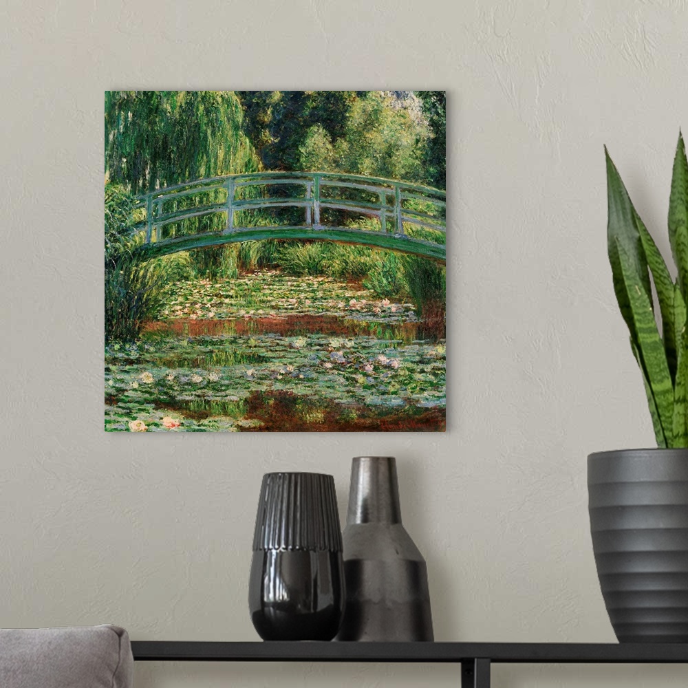 A modern room featuring Monet, Water Lily Pool, 1899. 'Japanese Footbridge And the Water Lily Pool, Giverny.' Oil On Canv...