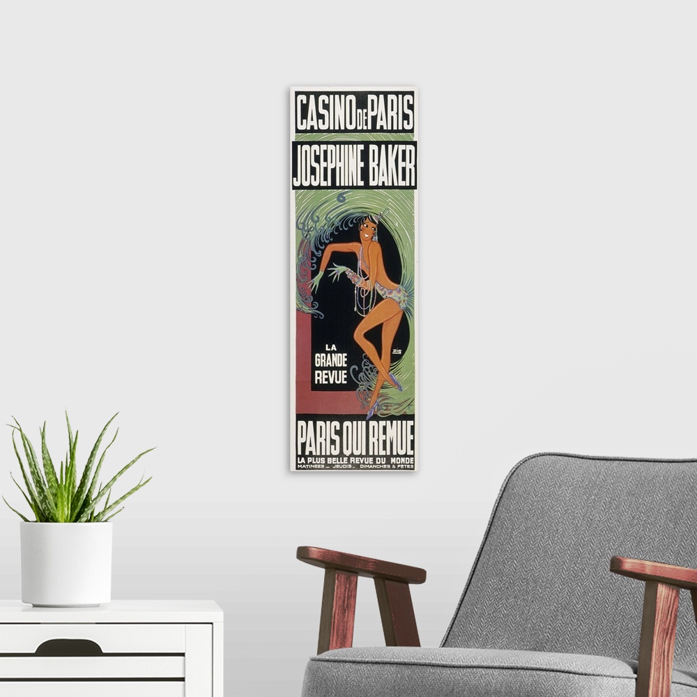 A modern room featuring American dancer. Josephine Baker on a Casino de Paris poster, 1930.