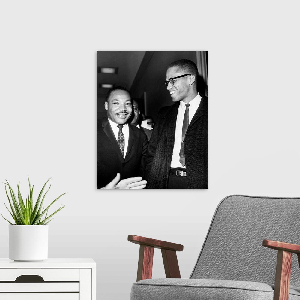 A modern room featuring KING AND MALCOLM X, 1964. Dr. Martin Luther King Jr. (left), American cleric and civil rights lea...