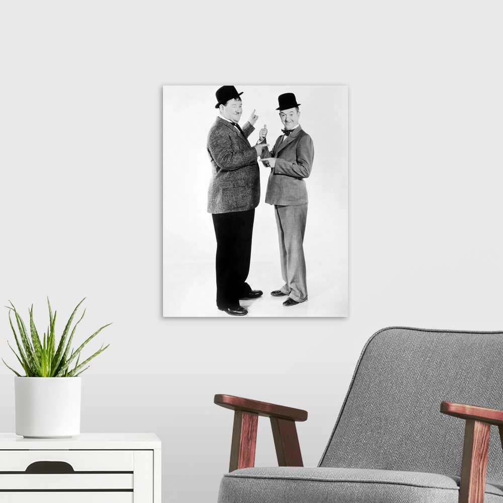 A modern room featuring Stan Laurel (right) and Oliver Hardy.