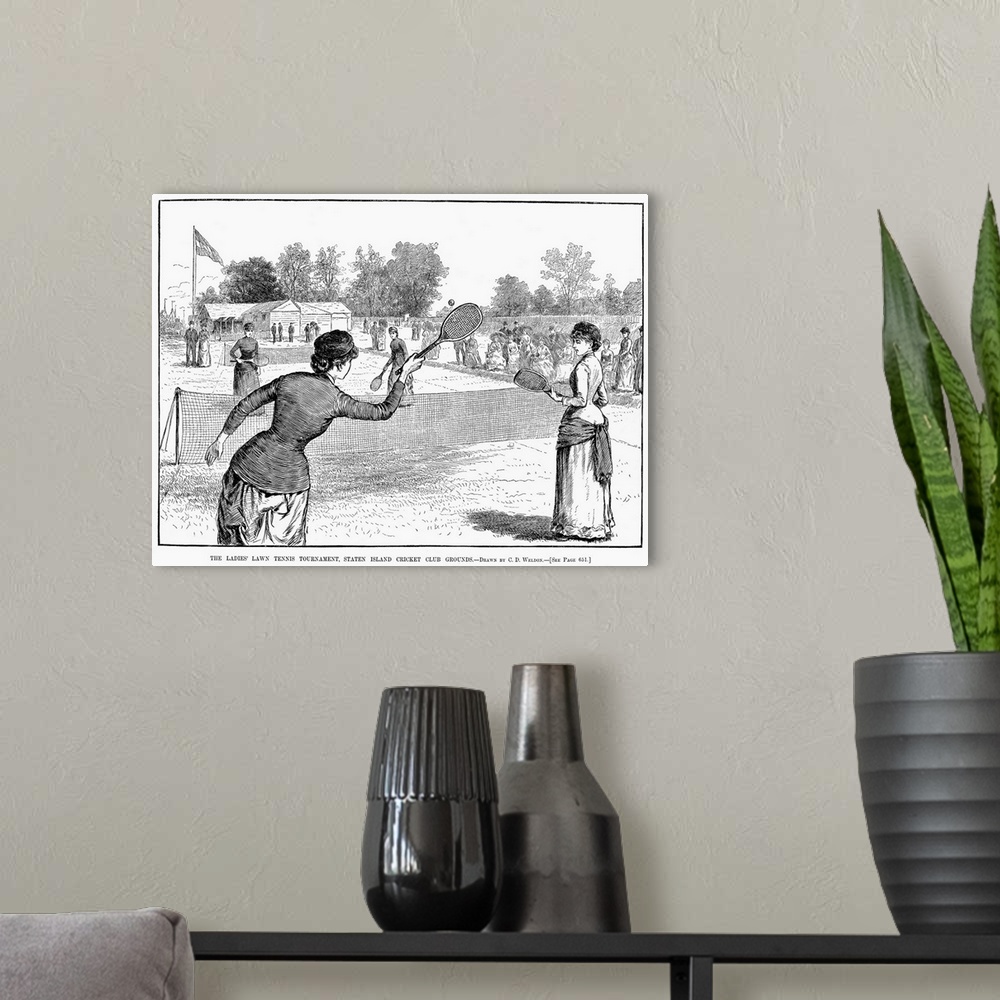 A modern room featuring 'The ladies' lawn tennis tournament, Staten Island Cricket Club grounds.' Wood engraving, American.