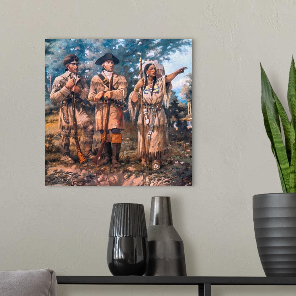 A modern room featuring Explorers Meriwether Lewis (center) and William Clark with the guide Sacagawea at Three Forks of ...