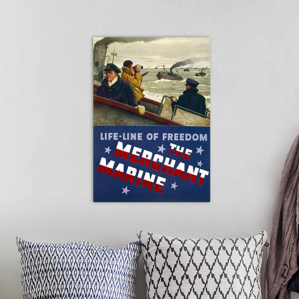 A bohemian room featuring 'Life-Line of Freedom - The Merchant Marine.' Poster by Paul Sample, c1944.