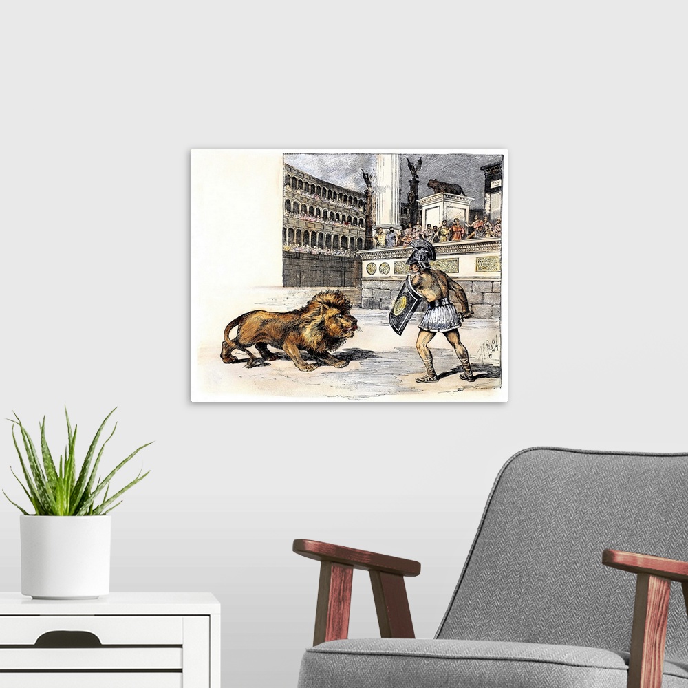 A modern room featuring Lion and Gladiator. Contest Between A Lion And A Condemned Criminal In the Arena In Ancient Rome....