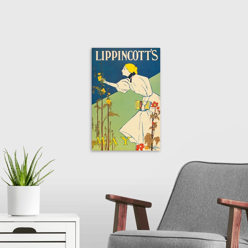 A modern room featuring Cover of 'Lippincott's Monthly Magazine,' May 1895. Lithograph by William Carqueville.