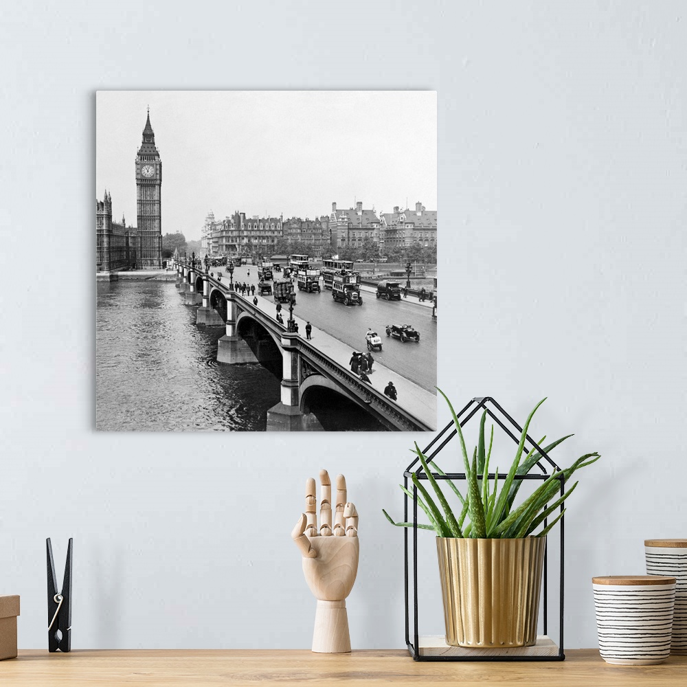 A bohemian room featuring Westminster Bridge with Big Ben and the Houses of Parliament in the background. Stereograph, c1926.