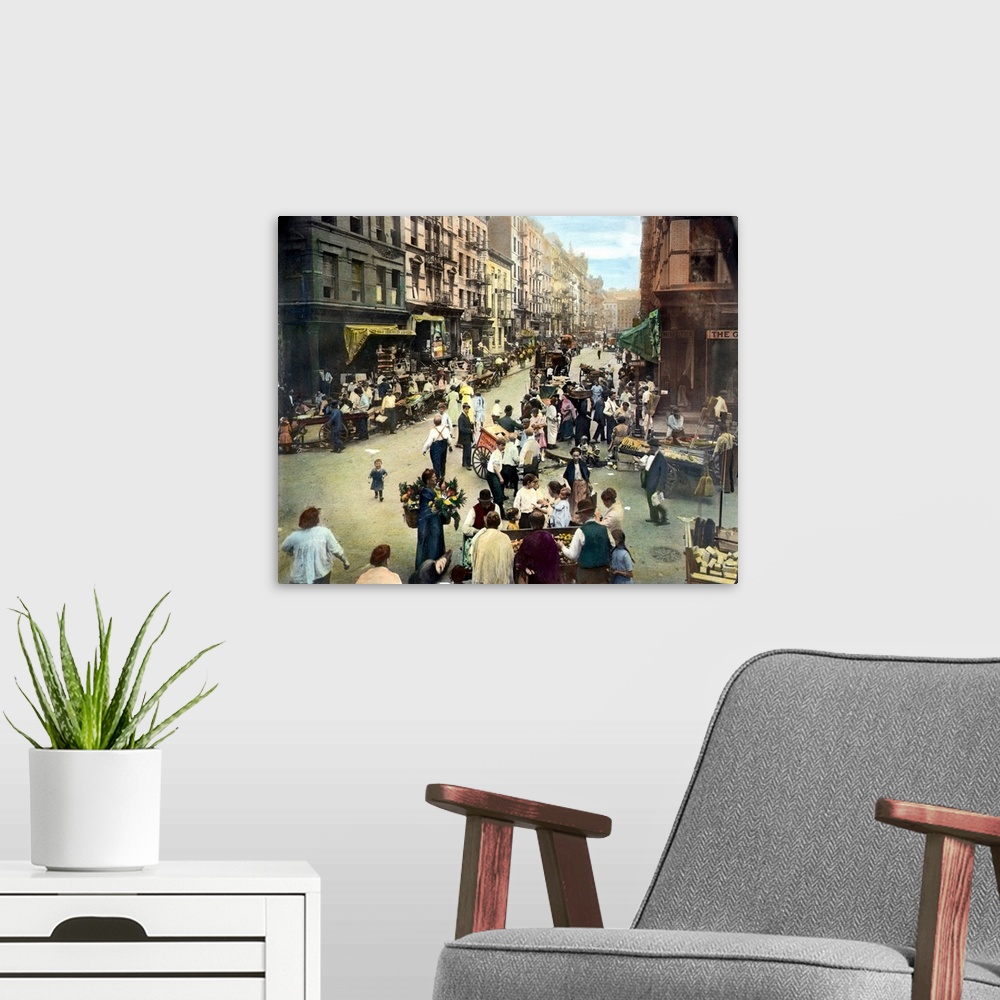 A modern room featuring The intersection of Orchard and Hester Streets on NYC's Lower East Side: oil over a photograph, c...
