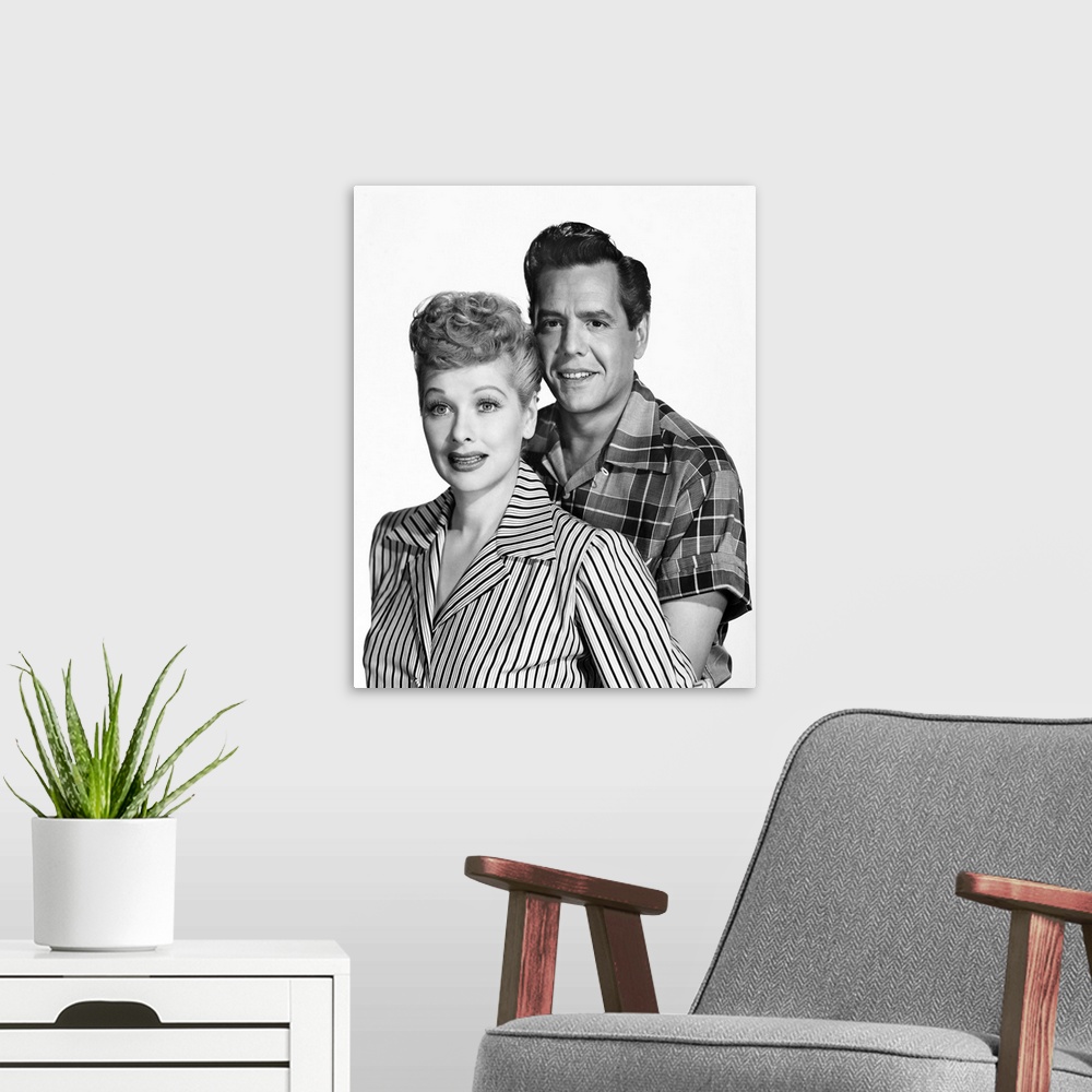 A modern room featuring American actress and comedienne. With husband Desi Arnaz (1917-1986) in a publicity photograph fo...