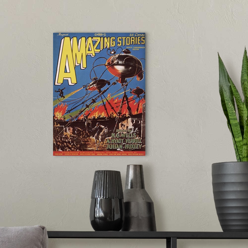 A modern room featuring For an American science fiction magazine. Cover by Frank R. Paul.