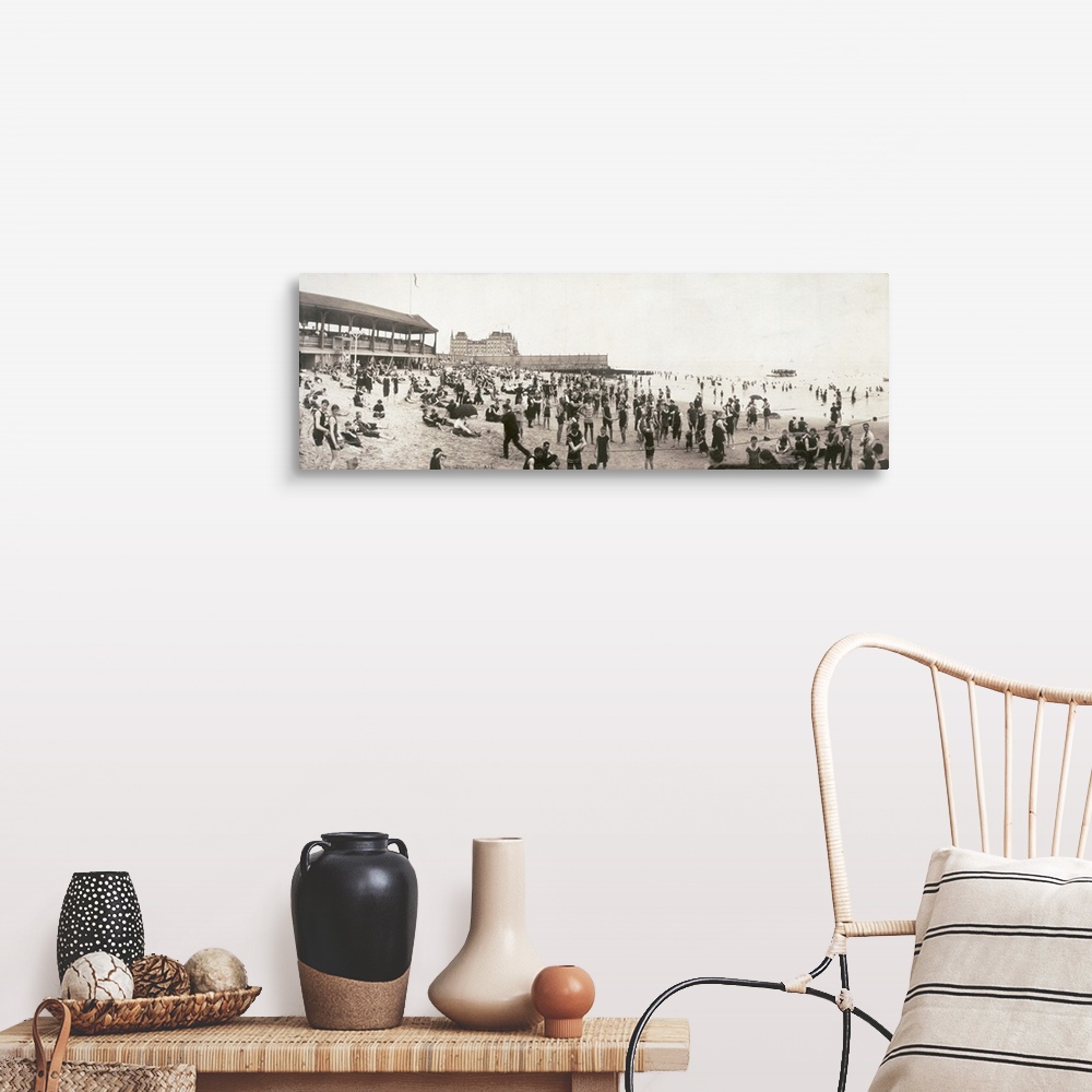 A farmhouse room featuring Crowd at Manhattan Beach situated on the eastern end of Coney Island, Brooklyn, New York. Panoram...