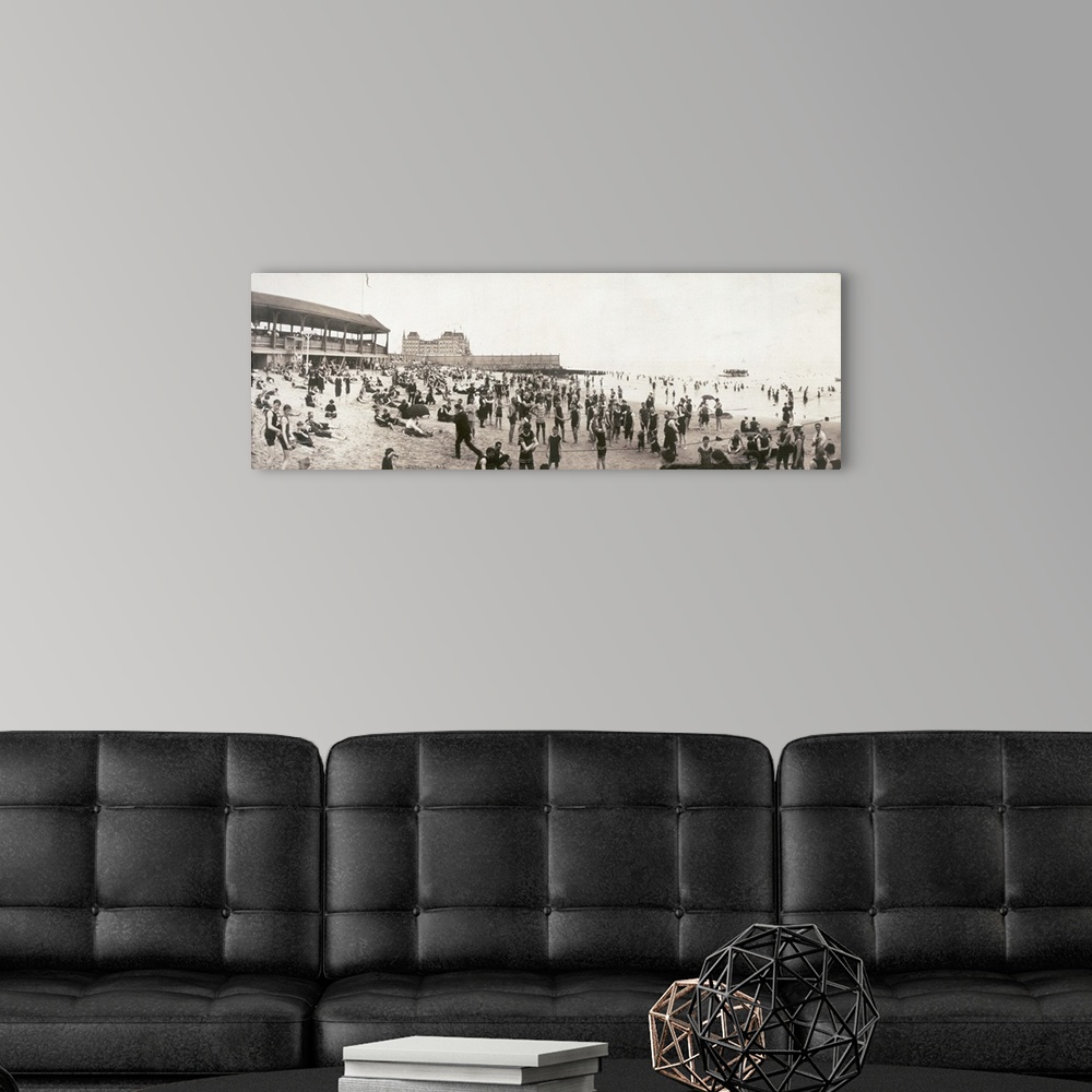 A modern room featuring Crowd at Manhattan Beach situated on the eastern end of Coney Island, Brooklyn, New York. Panoram...