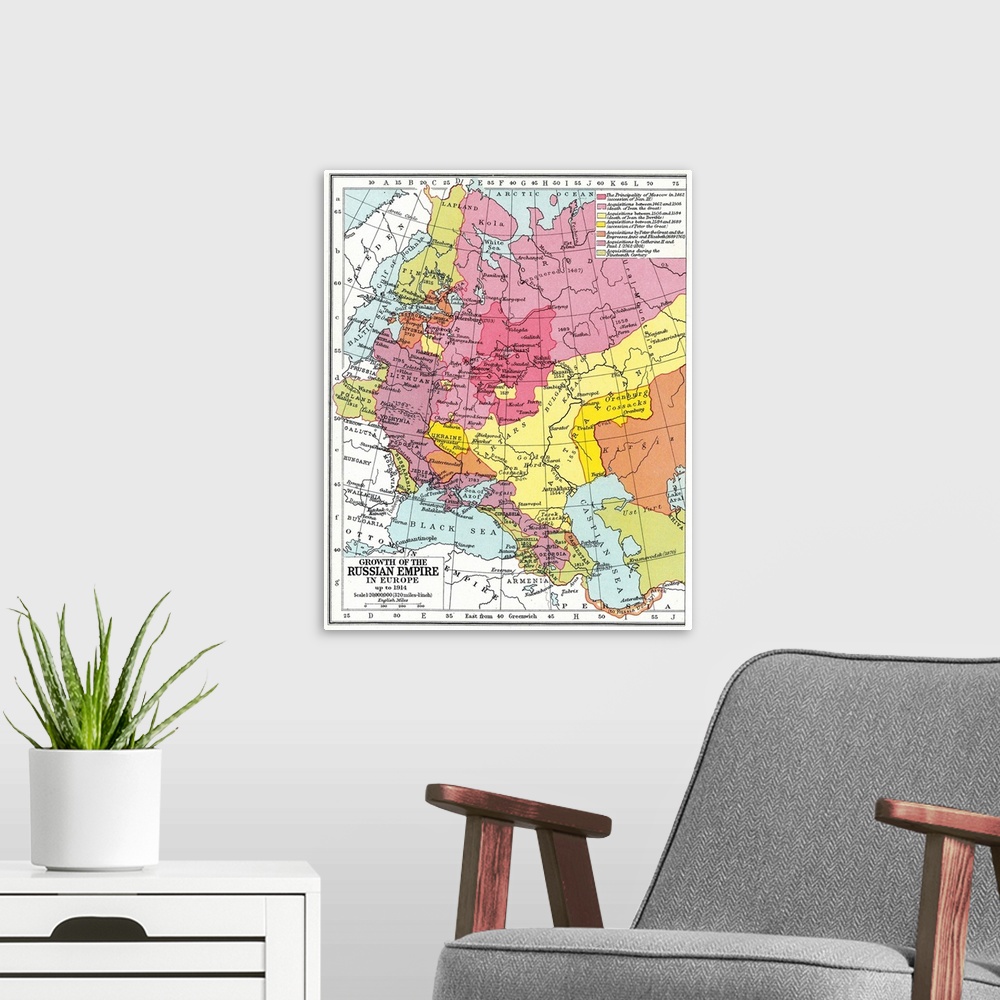 A modern room featuring Map, Expansion Of Russia. Map Showing the Territorial Expansion Of the Russian Empire In Europe U...