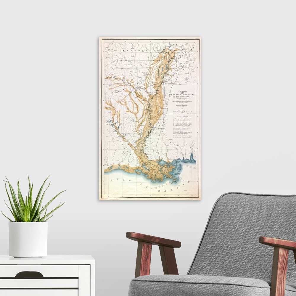 A modern room featuring Map, Mississippi River, 1861. 'Map Of the Alluvial Region Of the Mississippi.' Drawn By Charles M...