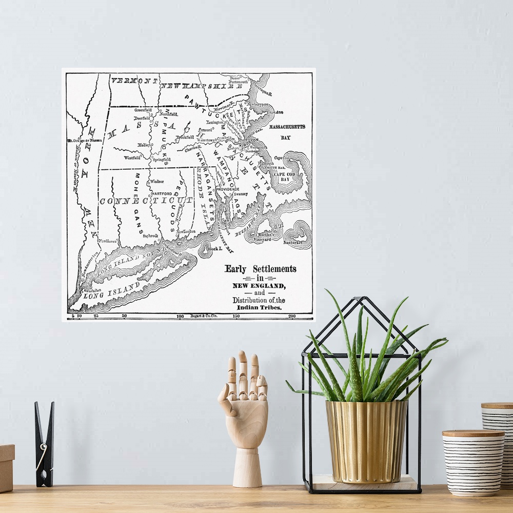 A bohemian room featuring Map, New England Colonies. Early Settlements In New England And Distribution Of Native American T...