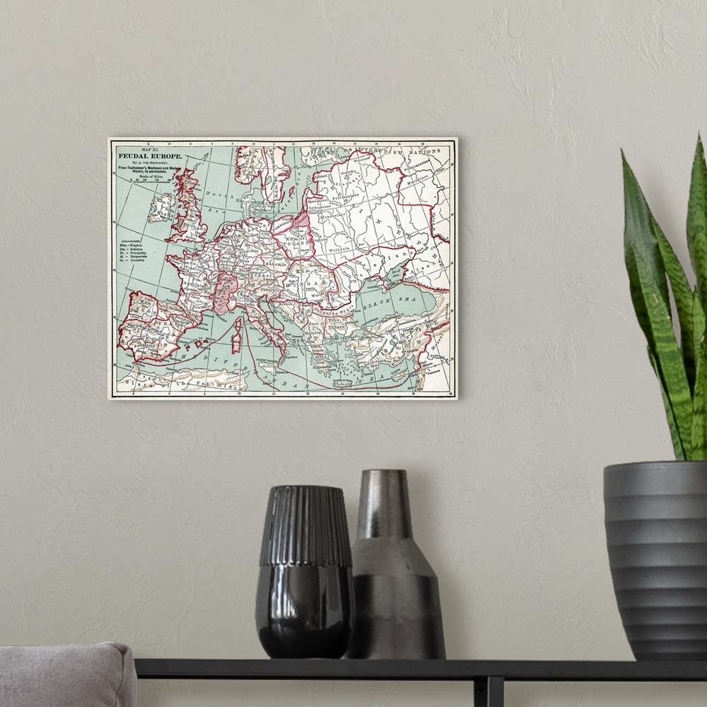A modern room featuring Map Of Europe, 12th Century. A 19th Century Map Of Europe As It Was Politically Constituted In th...