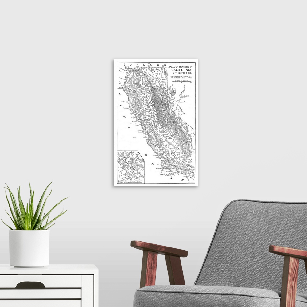 A modern room featuring Gold Rush, Map. Map Of the Placer Mining Regions Of California In the 1850s. Engraving, American,...
