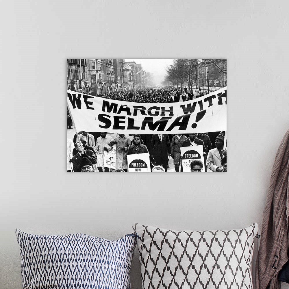 A bohemian room featuring Marchers in Harlem, New York City, carrying banners in support of the Selma to Montgomery marcher...