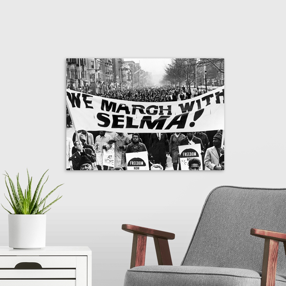 A modern room featuring Marchers in Harlem, New York City, carrying banners in support of the Selma to Montgomery marcher...