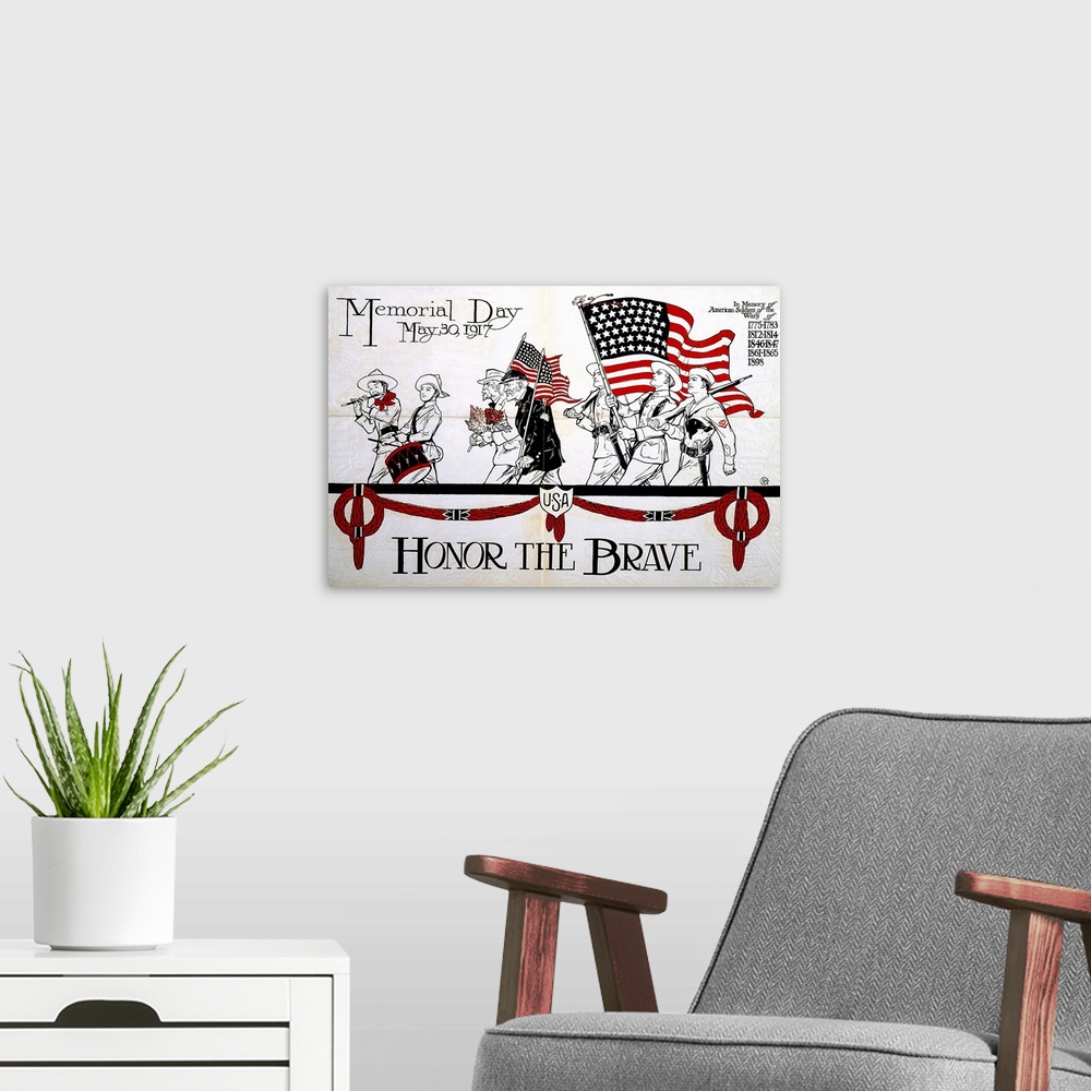 A modern room featuring 'Honor the Brave.' American recruitment poster showing a parade of veterans and soldiers for Memo...