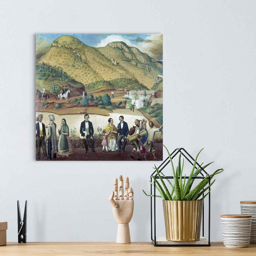 A bohemian room featuring Mexicans of various social classes enjoying the countryside near Guanajuato, Mexico. The Dam of L...
