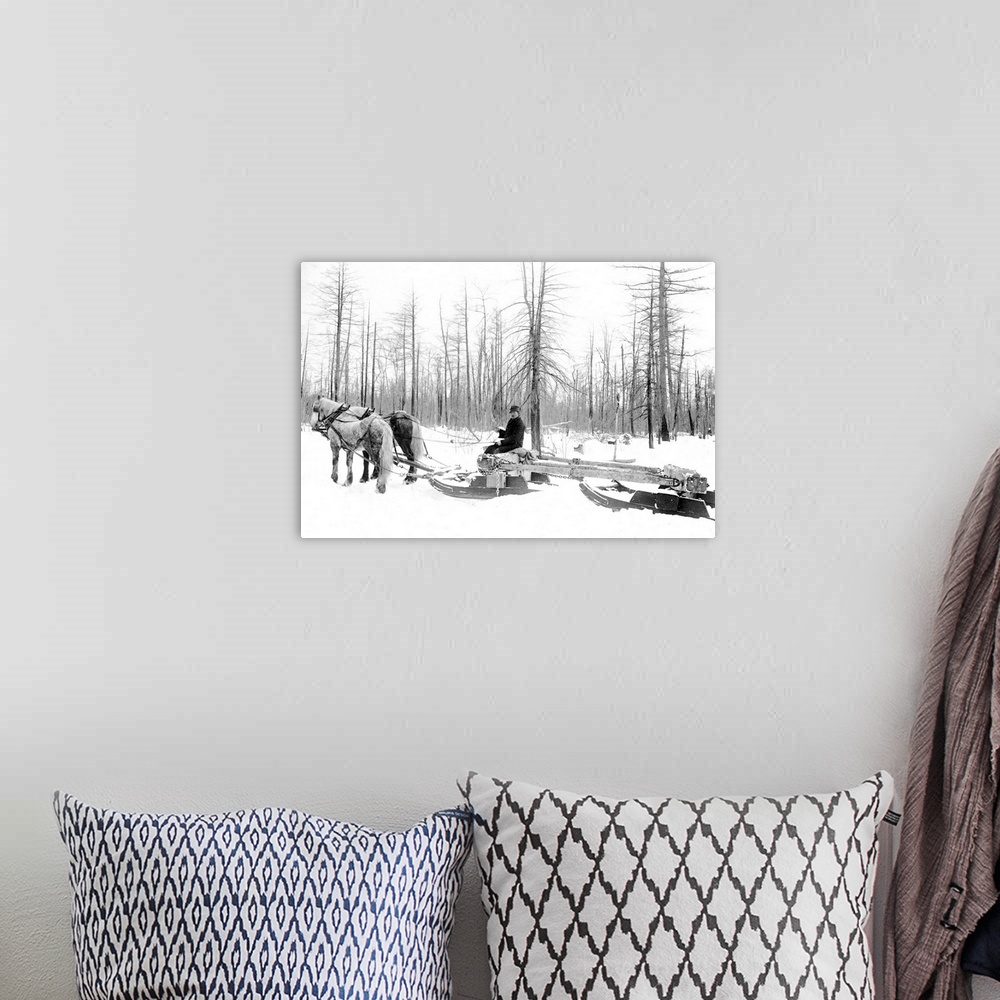 A bohemian room featuring Michigan, Lumbering. A Lumberjack Logging With Horsedrawn Sled During the Winter In Michigan. Pho...