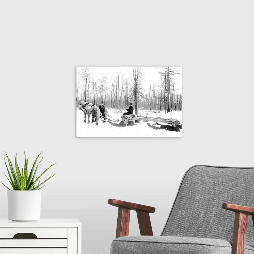 A modern room featuring Michigan, Lumbering. A Lumberjack Logging With Horsedrawn Sled During the Winter In Michigan. Pho...