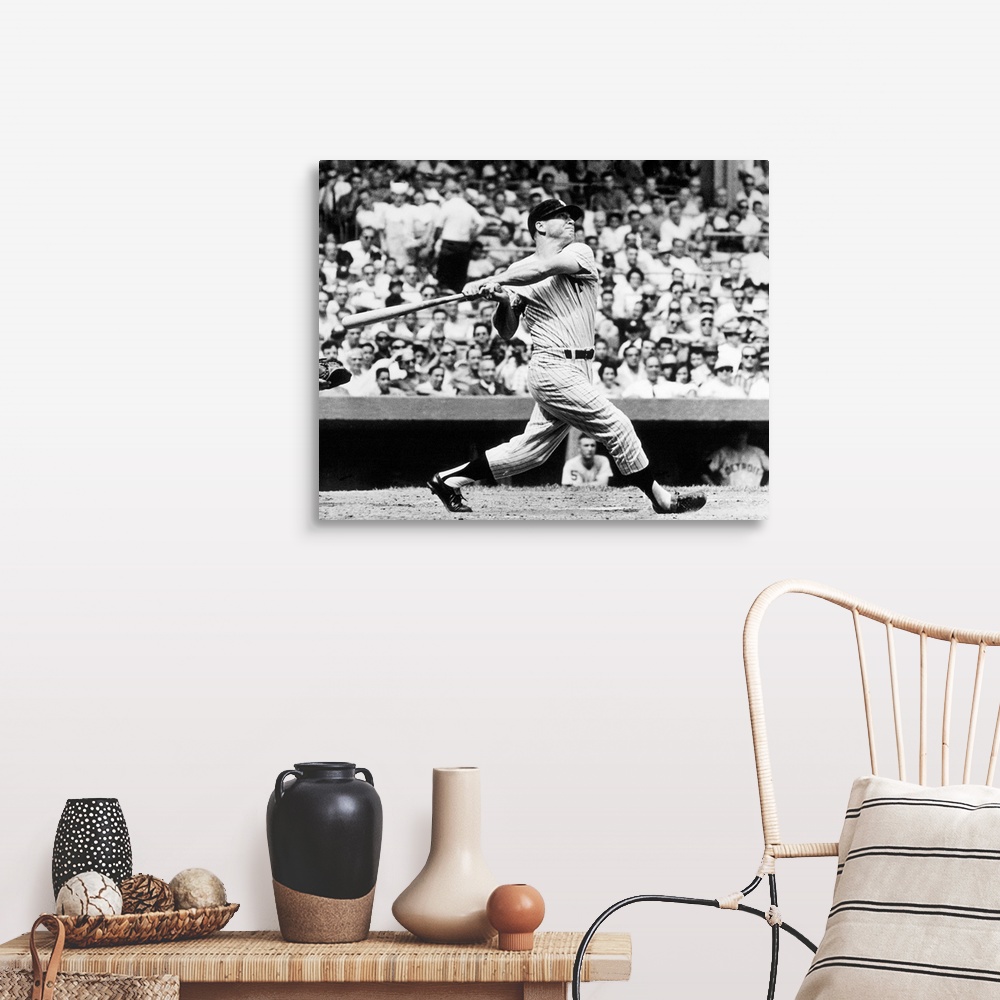 A farmhouse room featuring American baseball player. As a member of the New York Yankees, hitting his 49th home run of the s...