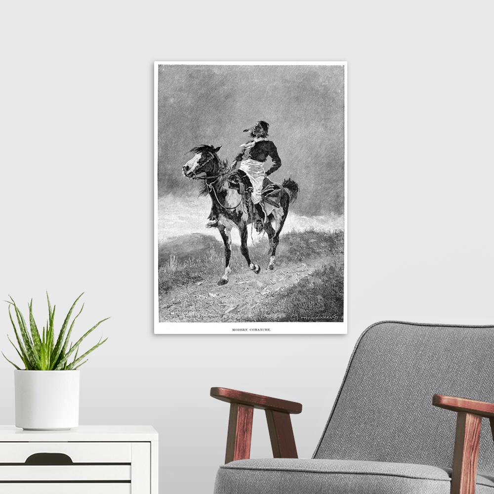 A modern room featuring Remington, Comanche, 1891. 'Modern Comanche.' Wood Engraving, 1891, After Frederic Remington.