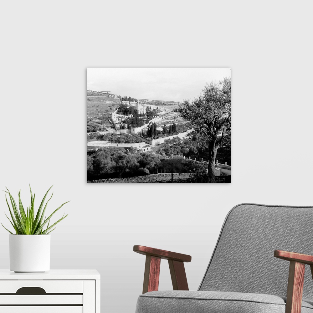 A modern room featuring Mount Of Olives. Bird's Eye View From the South Of the Mount Of Olives, East Jersusalem. Photogra...