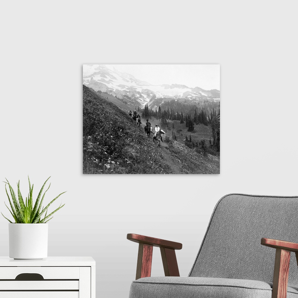A modern room featuring Mount Rainier National Park. Horseback Riders On the Trail Of Van Trump Park In Mount Rainier Nat...