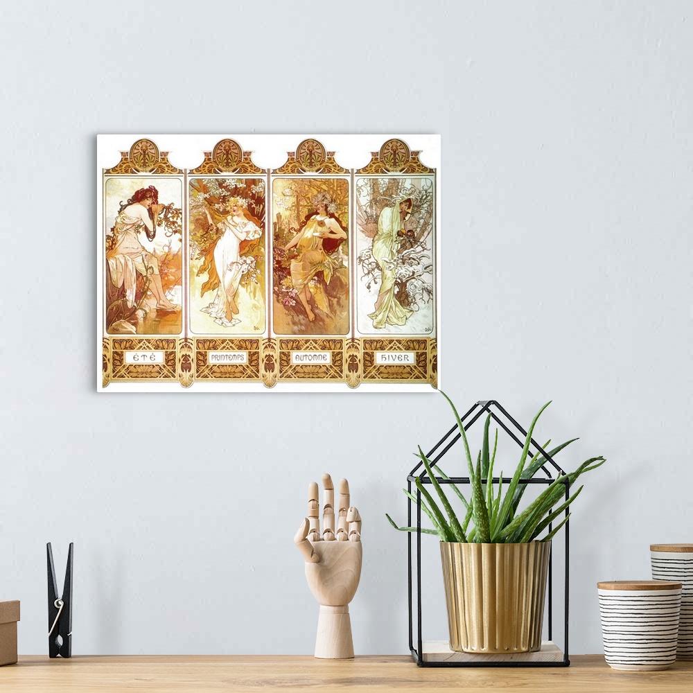 A bohemian room featuring 'The Four Seasons' (from left: summer, spring, autumn, winter). Lithograph poster, c1897 by Alpho...