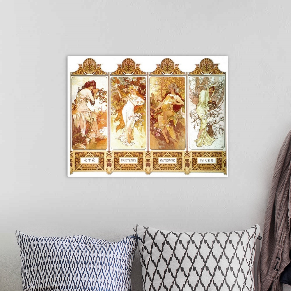 A bohemian room featuring 'The Four Seasons' (from left: summer, spring, autumn, winter). Lithograph poster, c1897 by Alpho...